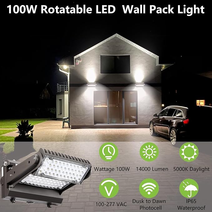 Dusk to Dawn100W Rotatable LED Wall Pack Light, 5000K 14000LM 400-600W HPS/HID - Image 2