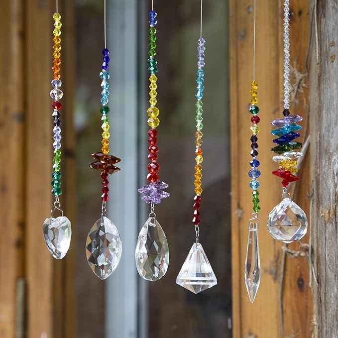 H&D HYALINE & DORA Colorful Crystals Glass Pendants Chandelier Suncatchers Prisms Hanging Ornament Octogon Chakra Crystal Pendants for Home,Office,Garden Decoration,Pack of 6