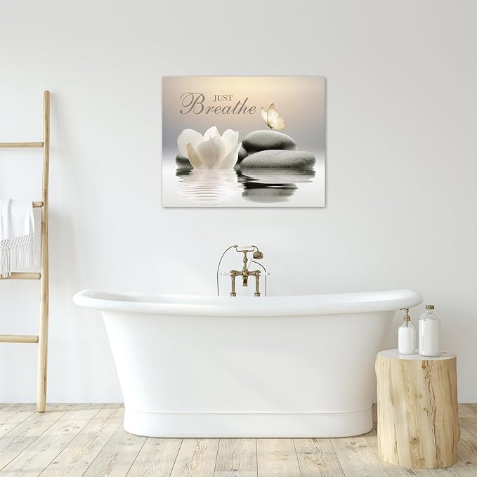 EOBTAIN Zen Flower Canvas Wall Art Bathroom Butterfly and Water Lily Stone - Image 3