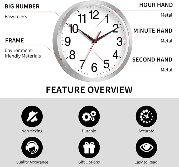 Rohioue 12 Inch Wall Clock Modern Battery Operated Silent Non Ticking Analog - Image 3