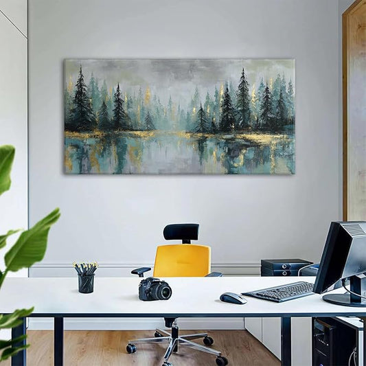 Green Forest Wall Art Vintage Fog Pine Trees Landscape Wall Decor Nature Green - Image 2