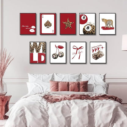 LOARTVE 9Pcs Trendy Red Leopard Wall Art Prints Funky Lucky 8 Ball Posters - Image 4