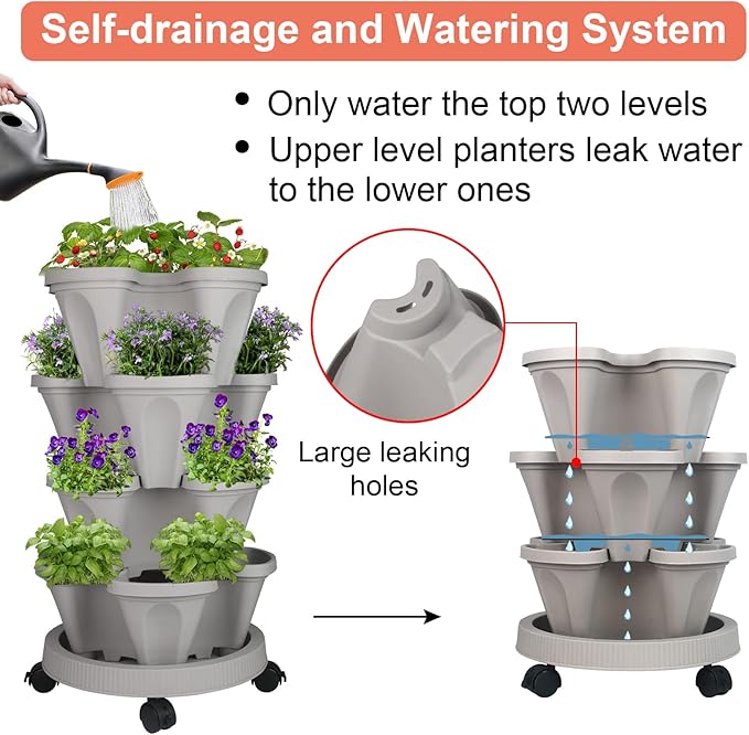 Vertical Planter 4 Tier Stackable Planters Garden Planters Strawberry Herb Flower and Vegetable Planter Indoor Outdoor Gardening Pots with Removable Wheels and Tools 2-Pack