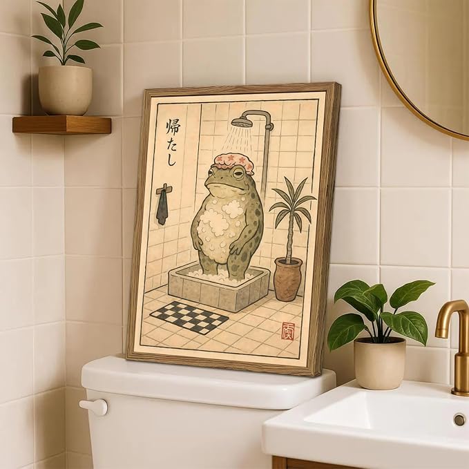 Funny Japanese Frog Bathroom Wall Art Whimsical Frog Shower Wall Decor 16x24 - Image 2