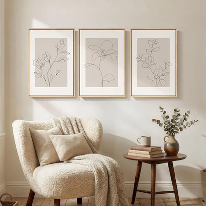 Framed Neutral Botanical Wall Art Set of 3, Minimalist Contemporary Floral Line - Image 4