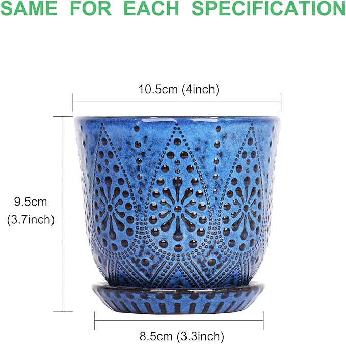 Gepege Succulent Pots, 4 Inch Small Indoor Ceramic Planter Pot with Drainage Holes and Saucers for Plants- Blue - Set of 4