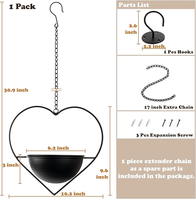 Hajia 1 Pack Heart Shaped Boho Hanging Plant Holder with 6inch Detachable Pot, Black Metal Wall Ceiling Plant Hanger for Indoor Outdoor, Minimalist Small Hanging Planter for Home Wedding Decor
