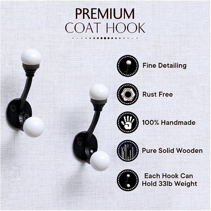 Indian Shelf Pack of 6 Double Prong White Decorative Coat Hooks Unique Coat - Image 2