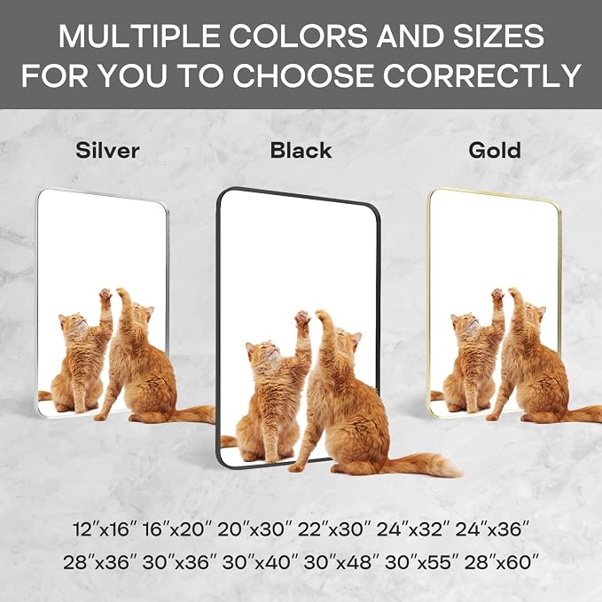 Wall Mount Mirror for Bathroom, Brushed Silver Metal Framed Rounded Corner - Image 7