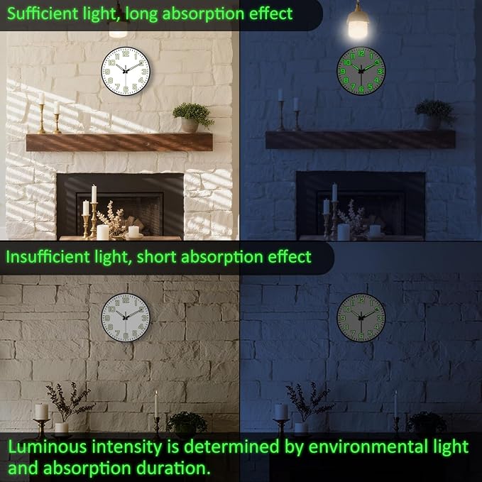 Glow in The Dark Wall Clock Non Ticking, 10 inch Silent Wall Clocks Battery - Image 6
