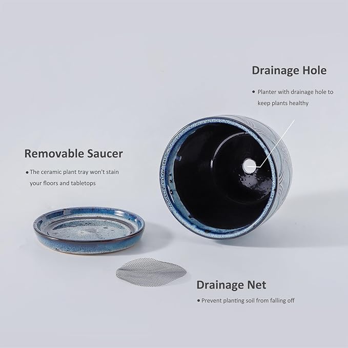 Ceramic Planter Pot, 5in, Reactive Glaze Blue, Indoor Outdoor Usage, with Drainage Hole and Saucer