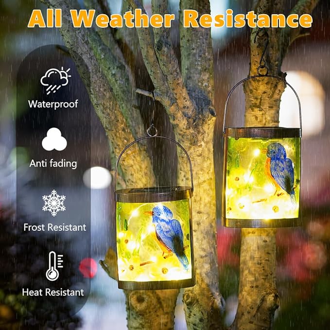 2 Pack Bluebird Solar Lanterns Outdoor Waterproof, Hanging Glass Solar Lantern with LED Light for Garden Yard Lawn