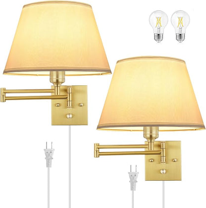 TRLIFE Dimmable Wall Sconce Plug in, Brushed Brass Wall Sconces Set of 2 Swing by TRLIFE