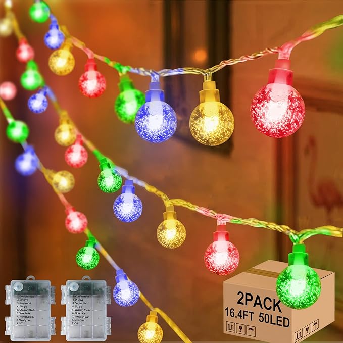 2 Pack Globe String Lights Indoor Bedroom Battery Operated, 16.4ft 50LED Crystal Fairy Light IP44 Waterproof Outdoor Hanging Decorative Lights for Home Tent Patio Garden Party Decor