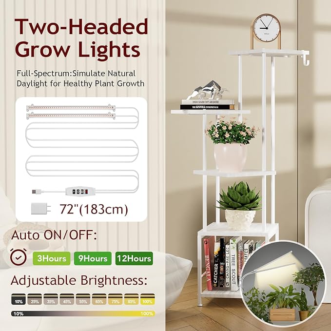 Plant Stand Indoor with Grow Light, 5-Tiered Tall Plant Stand Indoor, Metal Plant Shelf with Hanging Basket Hook and Adjustable Light, Ideal for Living Room, Garden, Patio white