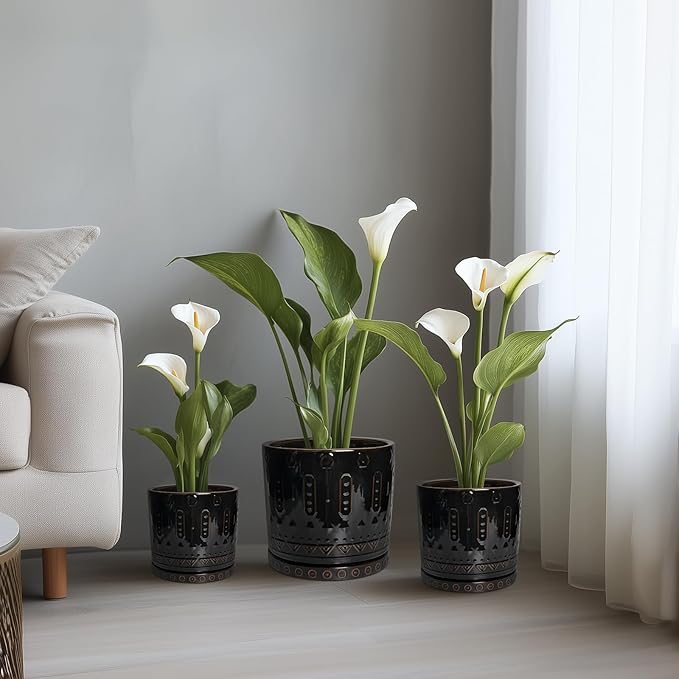 Ceramic Pots for Plants - 12 Inch Large Planter with Drainage Hole and Saucer, Ceramic Flower Pots for Indoor Outdoor, Boho Round Planter, Patio Decor, Gifts for Plant Lover, Black