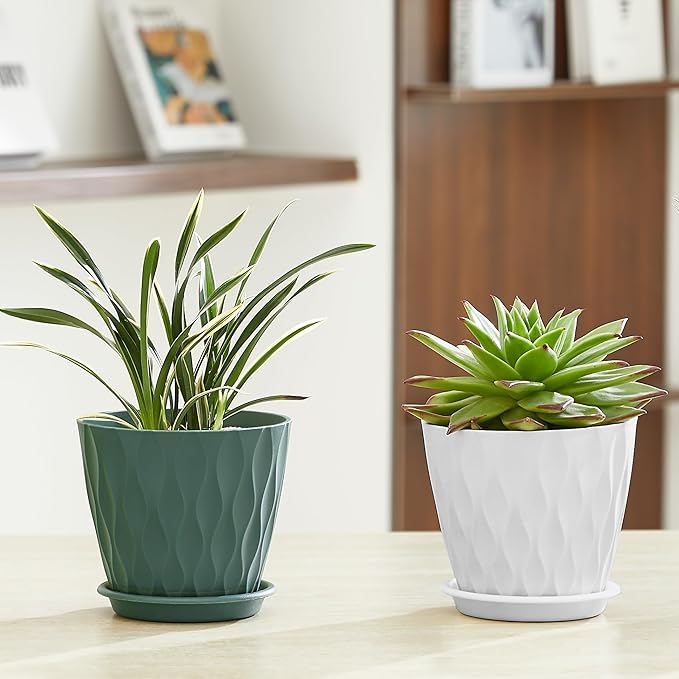 FaithLand 6-Pack 6-Inch Plastic Plant Pots with Saucers | Thickened PP Material, Modern Wave Texture, Enhanced Drainage for Indoor/Outdoor Garden Plants | Tricolor Value Set