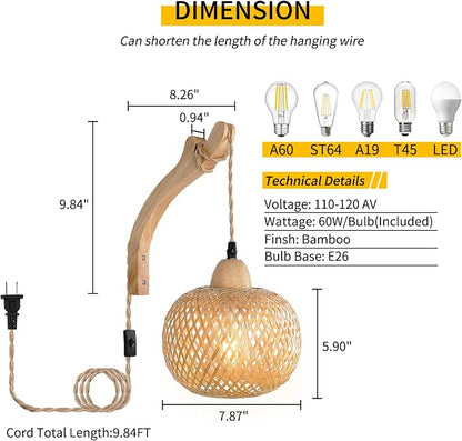 Frideko Bamboo Wall Sconces Set of Two Plug in, Boho Wall Lamp - Image 4