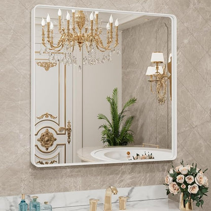 LOAAO 38x38 Inch White Metal Framed Bathroom Mirror - Image 8