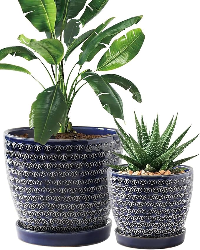 Plant Pots, Flower Pots, Planters for Indoor Plants(6.5+5.5inch), Flower Pots for Indoor Plants with Drainage Hole and Saucer, Ceramic Pots for Plants with Hole Mesh Pad,Reactive Glaze Blue
