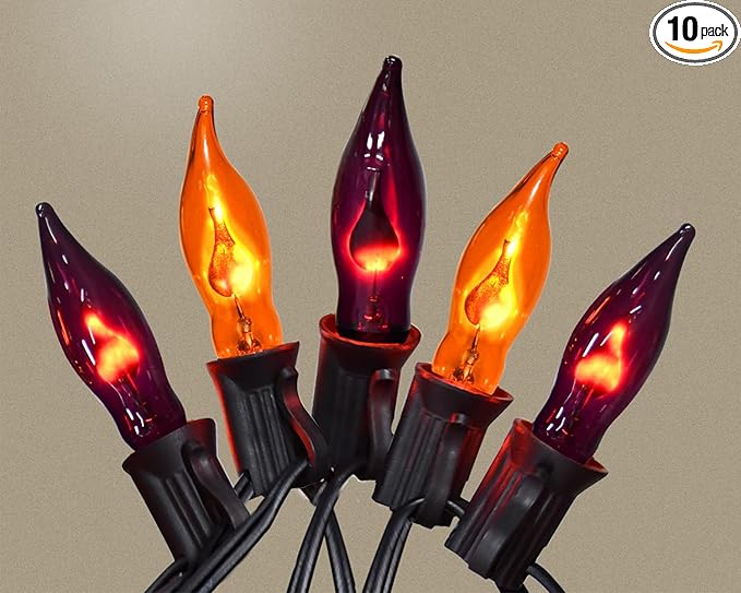 12.8Ft Halloween Decorations - Indoor/Outdoor Flickering Flame String Lights, Orange & Purple, 12 Pack C7 Flame Lights Bulbs