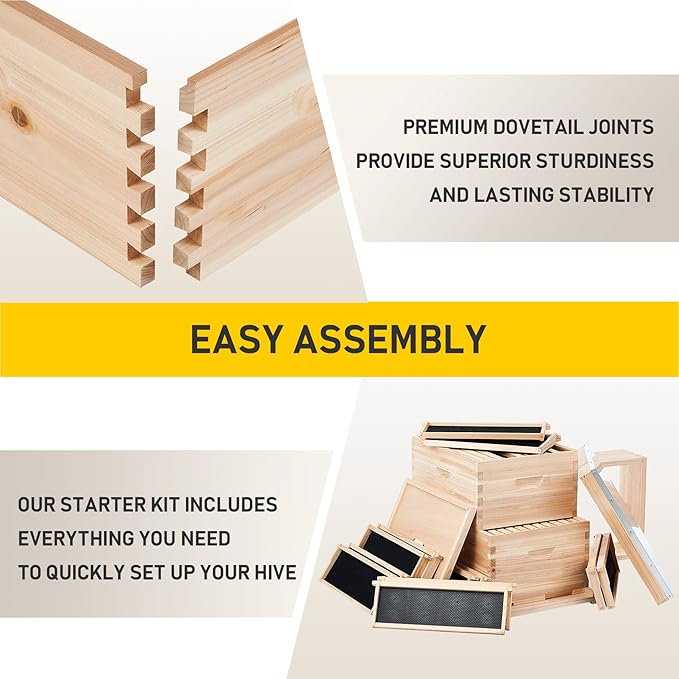 CREWORKS Bee Hive Boxes Starter Kit, 3 Layer Bee House with 10 Medium and 20 Deep Frames & Foundations, Langstroth Beehive for Bee Keeping, Beekeeping Supplies with Plastic Queen Excluder and Nails