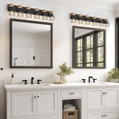 FadimiKoo 6-Light Farmhouse Bathroom Lighting Fixtures, Wood Black Vanity - Image 5