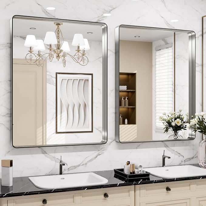 LOAAO 30X36 Inch Brushed Nickel Bathroom Mirror, Rounded Rectangle Silver Metal - Image 4