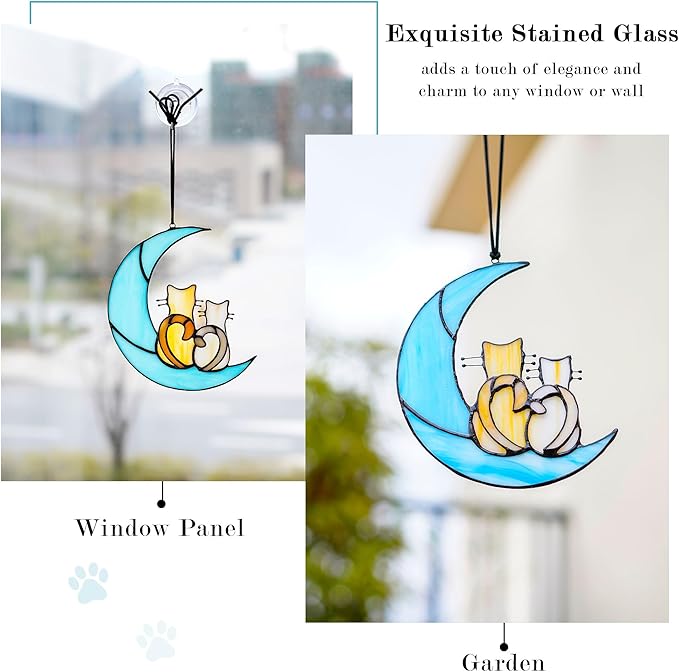 HDCRYSTALGIFTS Couple Cat Sitting on Moon Stained Glass Window Hanging, Modern Art Suncatcher for Window, Wall Decor,Cat Lover Gifts for Women/Girls