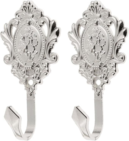 2Pcs Wall Hooks Silver Rose Pattern Carved Vintage Drapery Clothes Key Hook - Image 3