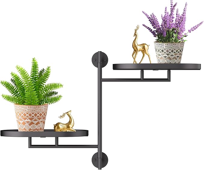 WIndow Rotating Plant Stand Shelf Indoor Black Metal Floating Shelves 2-Tier Wall Mount Plant Holders for Living Room Wall Planter Modern Home Decor for Gardening