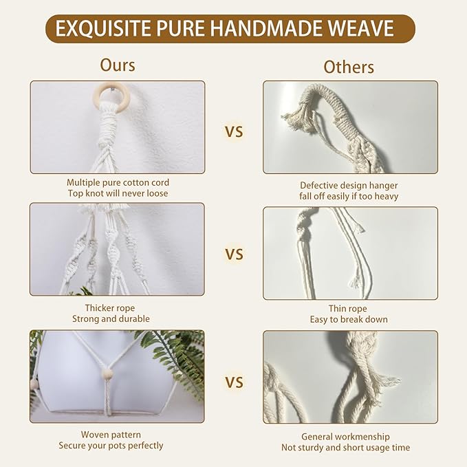 Artilady Hanging Planter for Indoor Plants Macrame Plant Hanger Large Hanging Plant Holder with Adjustable Beads Plants Basket White Rope Boho Plant Wall Decor