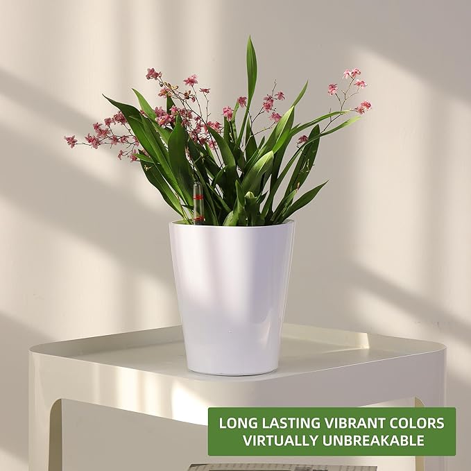 Dexceder 6x7 Self Watering Planter Indoor Outdoor, High Gloss Table Flower Plant Pot with Water Level Indicator (White)