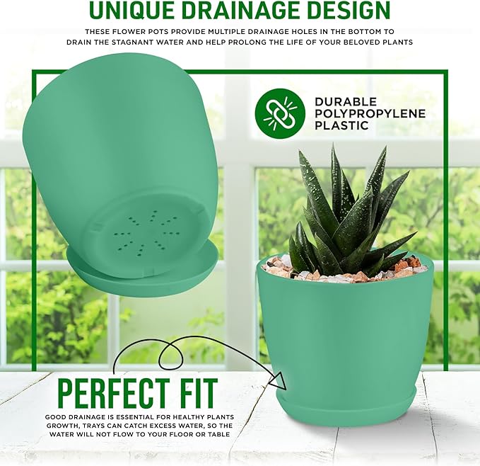 Planter Pots with Drainage Holes - Lightweight, Durable, & Space-Saving Pots for Indoor and Outdoor - Versatile Functionality, Simple Modern Design, Set of 10 Plastic Planter Pots Mint