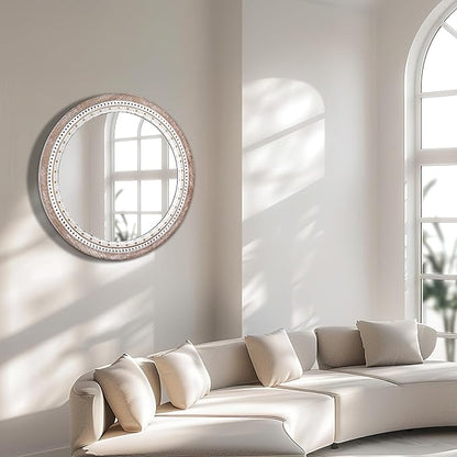 Reflinto 30 Inch Rustic Farmhouse Round Wood Mirror Wall Decor, Boho Circle - Image 4