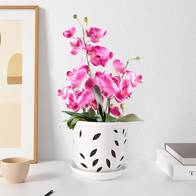 Orchid Pot with Holes & Saucers, 6.1 inch Ceramic Large Orchid Planter for Repotting, Flower Plant Pot with Drainage for Indoor Outdoor Home Decor, White