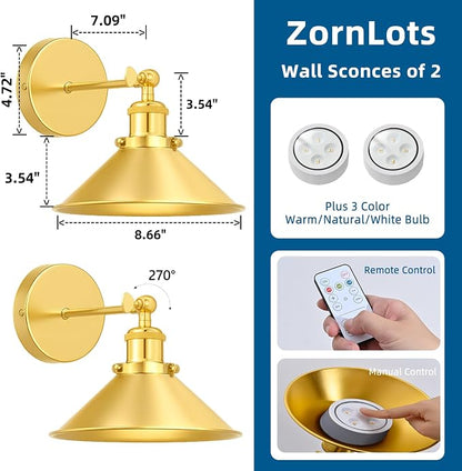 Gold Battery Operated Wall Sconce Set of 2, Vintage Wireless Wall Sconces - Image 5