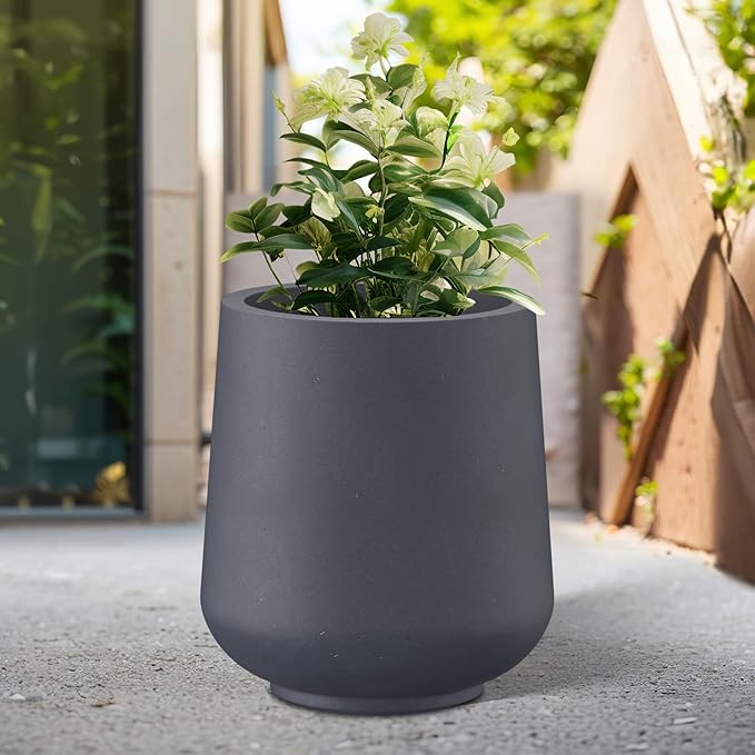 Kante 15.3" Dia Round Concrete Planter, Outdoor Indoor Large Plant Pots Containers with Drainage Hole and Rubber Plug for Home Garden Patio, Dark Gray