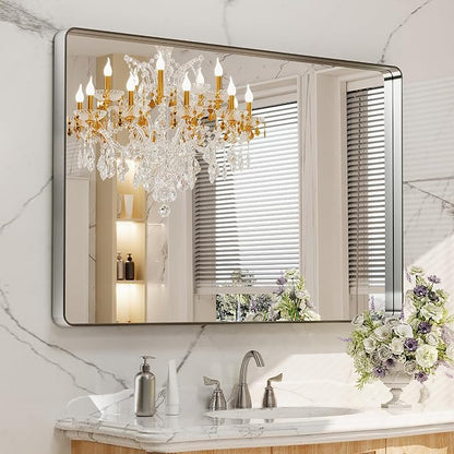 LOAAO 48X32 Inch Brushed Nickel Bathroom Mirror, Rounded Rectangle Silver Metal - Image 8