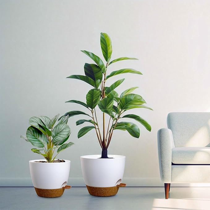 10/9/8 inch Medium Self Watering Pots, Planter, Plant Pots with Mesh Drainage Holes for Indoor Outdoor Garden Plants, Plastic Flower Pots with Removable Deep Reservoir, White with Brown