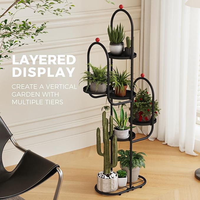 Bamworld Cactus Plant Stand Indoor for Succulents Christmas Decor Corner Metal Flower Pot Stands 5 Tier Plant Shelf for Patio Garden Balcony Living Room Decor Black Designer Edition
