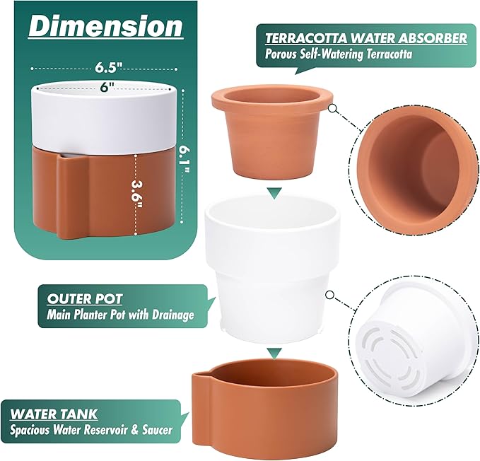 6.5 Inch Self-Watering Planter Pot with Terracotta Insert, Deep Water Reservoir, and Ceramic-Alike BPA-Free Plastic Pot for Plant, Modern Planter for Houseplants, Terracotta/White, 53-B-S-6