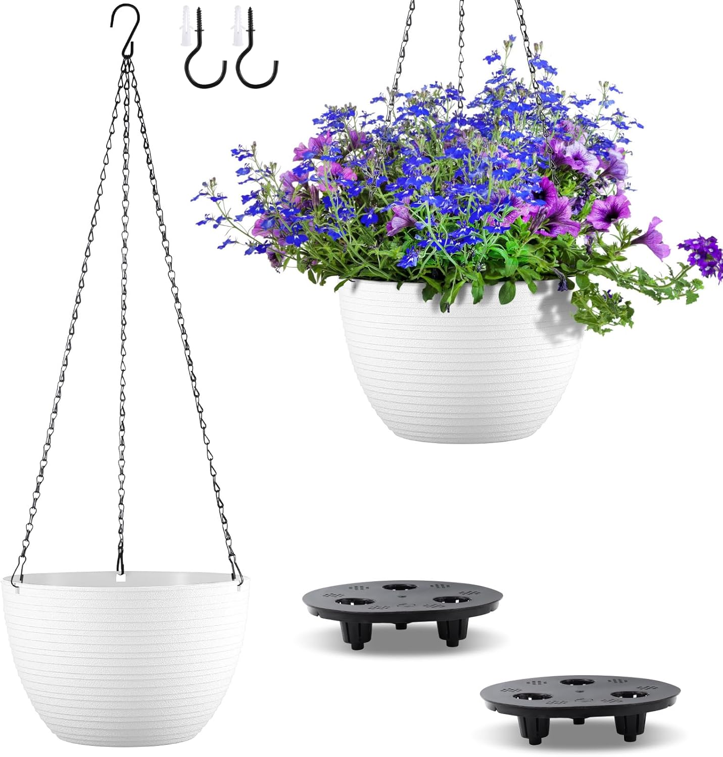 Hanging Planters for Indoor Outdoor Plants, Set of 2 Self Watering Hanging Pots with Drainage Hole & Plug and 20" Chain & Hooks
