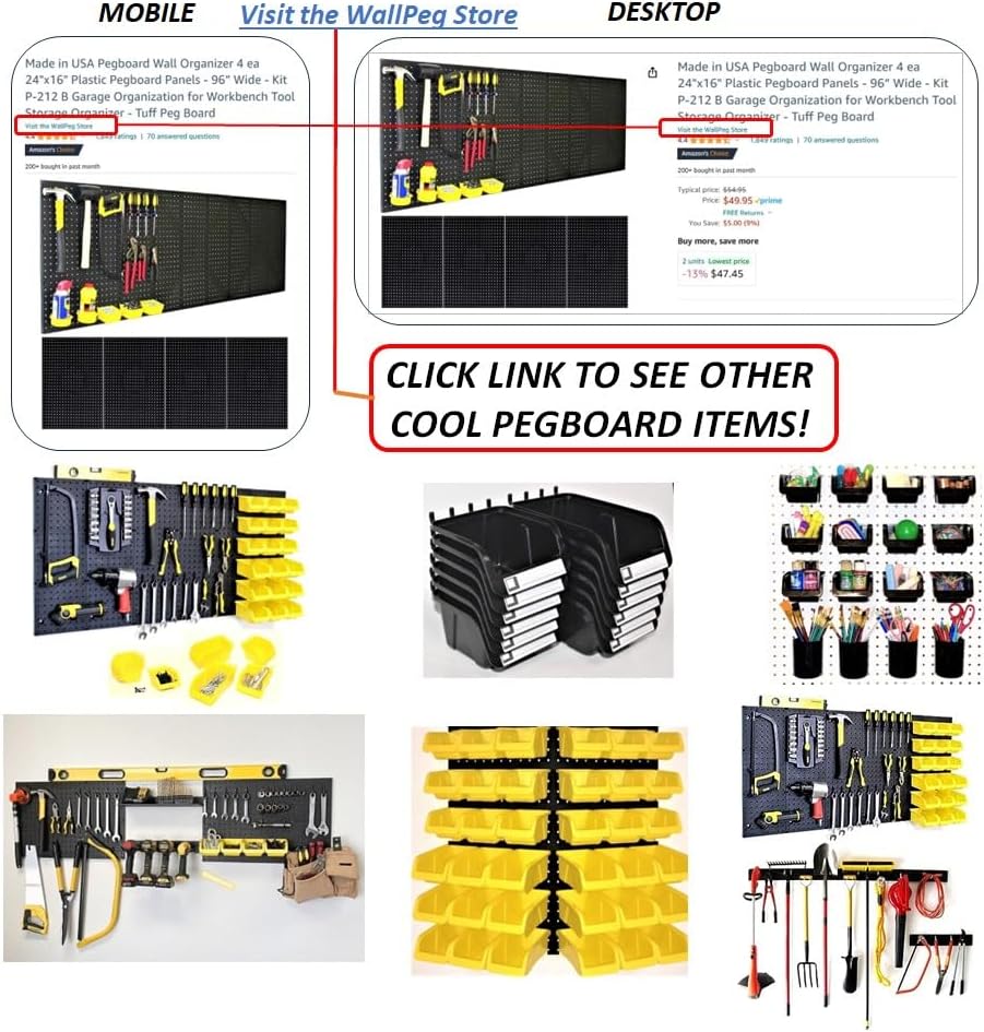 WallPeg 2 Black Pegboard Panels (24"x16" Each) with 6 Medium 5" Bins, 6 Large 7" Bins & 36 Flex-Lock Peg Hooks – Heavy-Duty Wall Storage Organizer – Made in USA