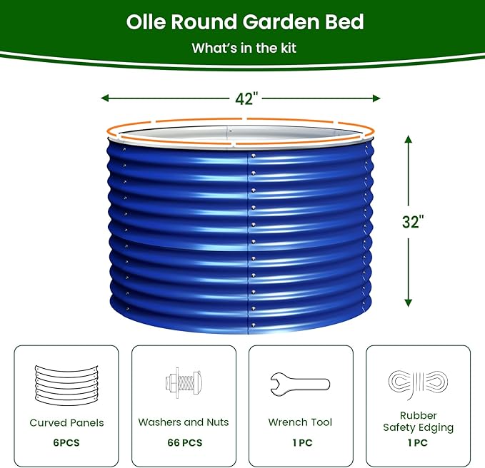 Olle 32" Tall, Galvanized Raised Garden Bed for Flower Round Galvanized Planter Raised Bed Metal Raised Planter Bed, Urban Vegetable Garden Planters, Cobalt Blue