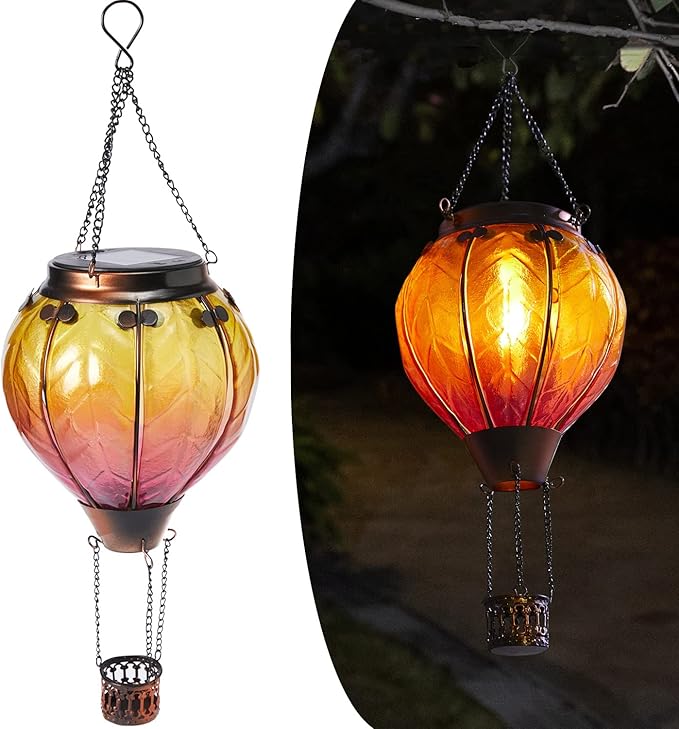 Hot Air Balloon Solar Lantern with Flickering Flame Hanging Solar Lights Outdoor Waterproof Lanterns for Garden Patio Yard Party Decoration