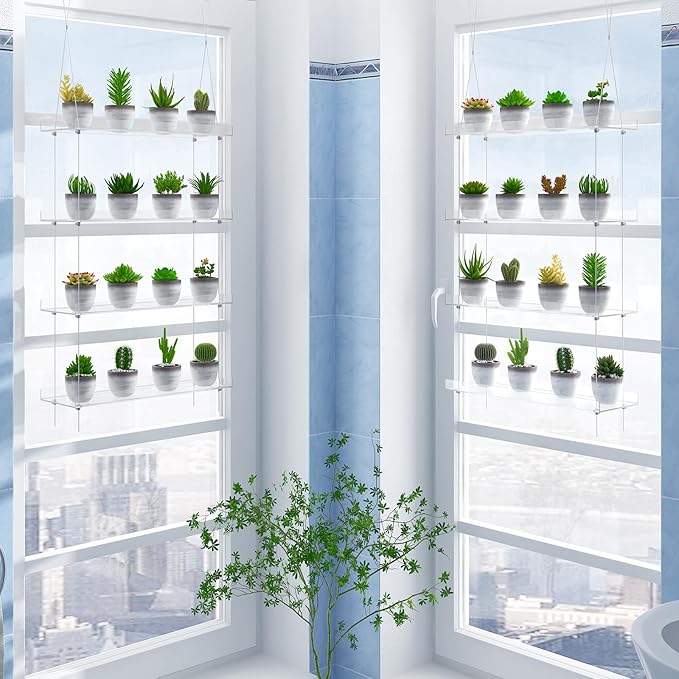 Clear Hanging Window Plant Shelves,2-Pack 4-Tier,Indoor Windows Wall Hanging Plant Stand Flower Display,Flower Pot Organizer Storage for Window Grow Herbs,Microgreens,Succulents,Flowe4,16-Inch