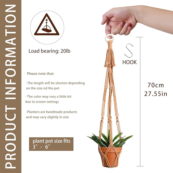 Artilady Plant Hanger Indoor Macrame Hanging Planters for Plants Holder Boho Brown Basket No Tassels Farmhouse Rustic Window Wall Decor