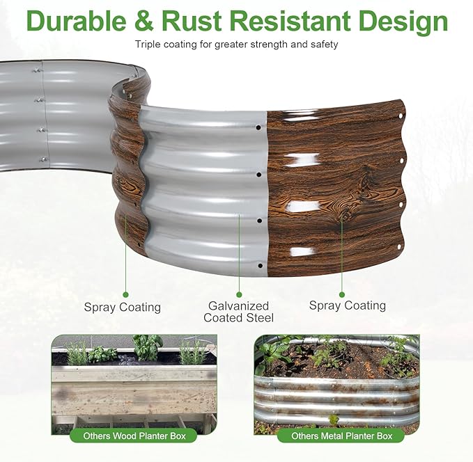 Galvanized Raised Garden Bed- 2Pcs 2x2x1FT Metal Planter Boxes Outdoor | Round Steel Raised Bed Kit & Fire Pit Ring for Gardening with Protective Tape, Gloves for Vegetables (Wood Grain)