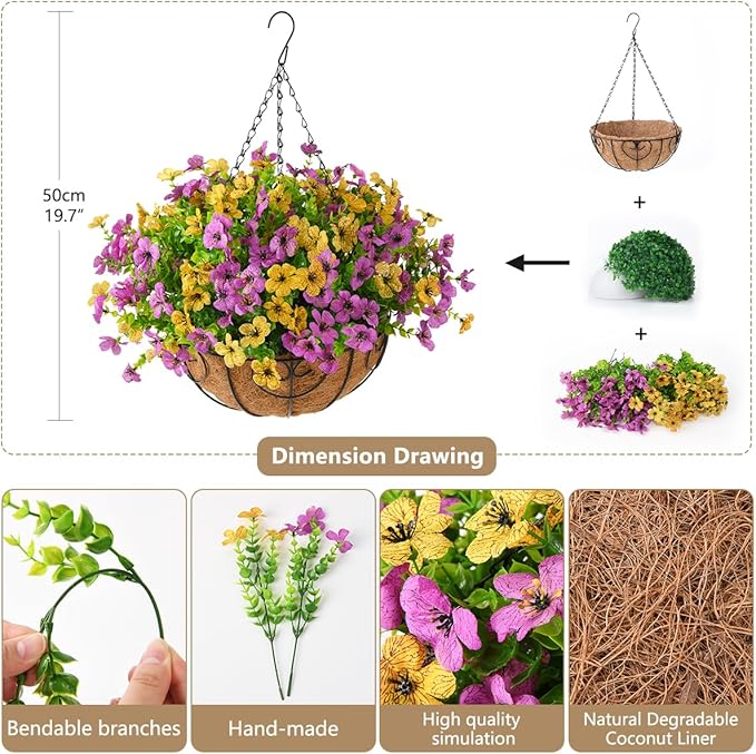Artificial Faux Hanging Plants Flowers Basket for Spring Outdoor Decoration, Fake Silk Daisy in Planter Realistic UV Resistant Look Real for Porch Home Patio Balcony Yard(Purple Yellow)